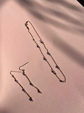 Delicate Gold and Lilac Bead Necklace & Earrings Set